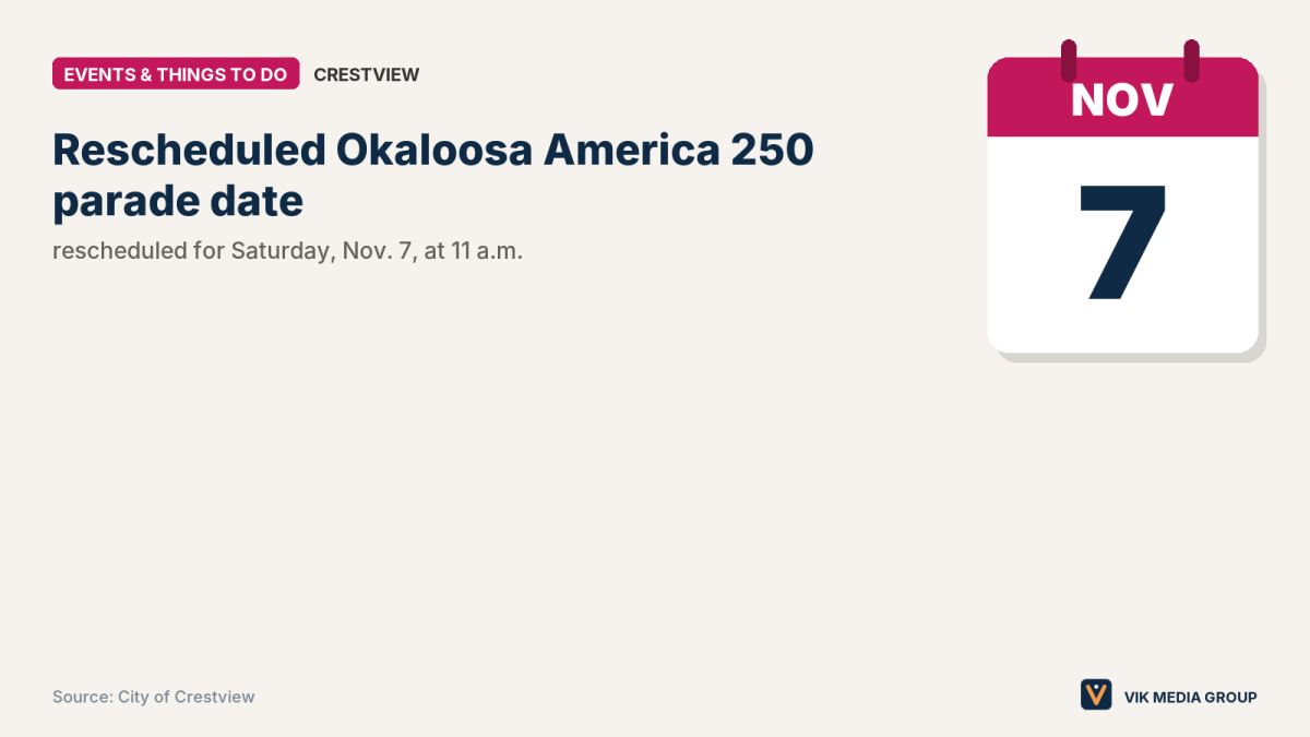 Calendar-style notice showing Saturday, Nov. 7, as the rescheduled America 250 parade date in Crestview.