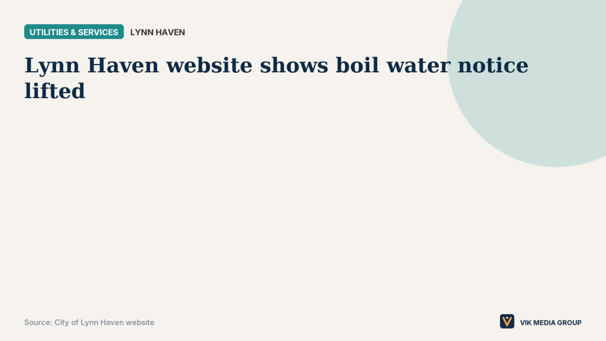 Data card noting Lynn Haven's website shows a boil water notice lifted, with no date or area given.