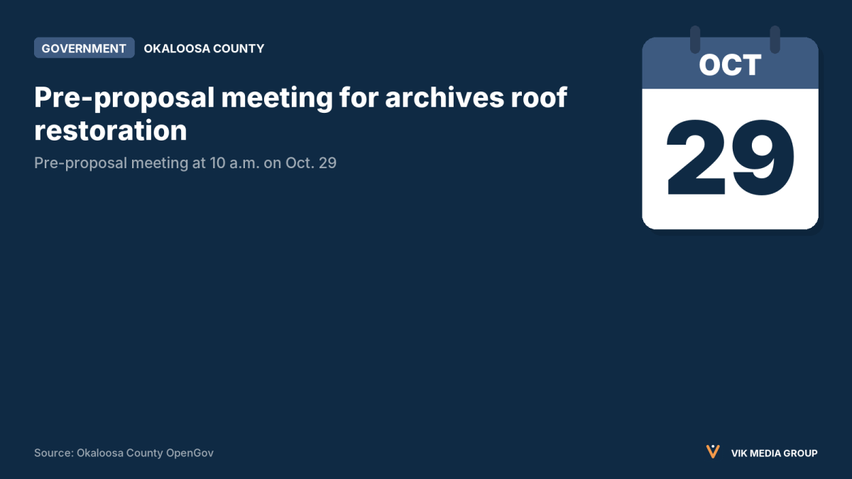 Calendar card showing an Oct. 29, 2026 pre-proposal meeting for Okaloosa County's archives warehouse roof restoration.