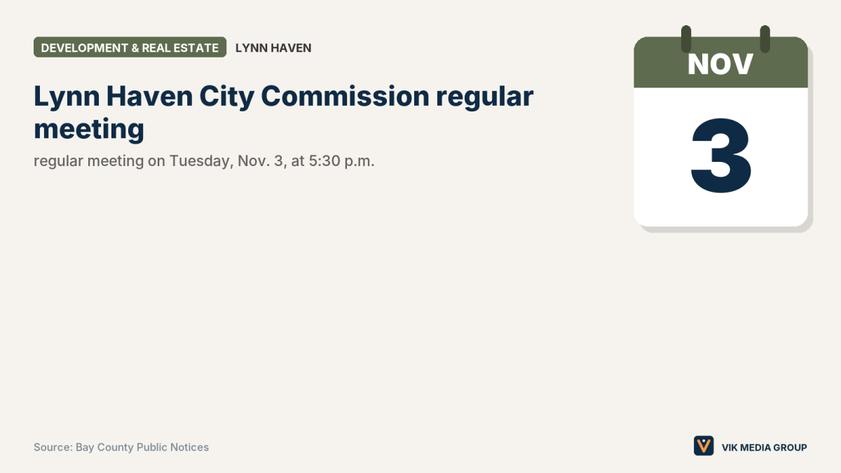 Card for the Nov. 3, 2026 Lynn Haven commission meeting, with four site plans and one land-use amendment.