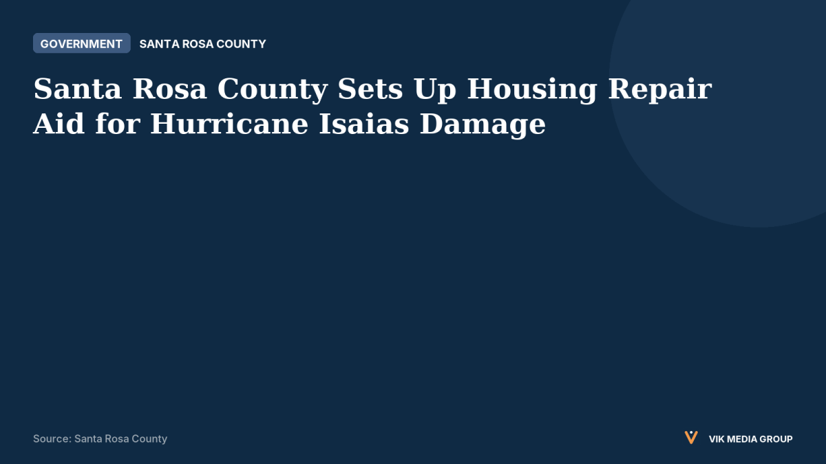 Card noting Santa Rosa County's Hurricane Isaias housing repair aid, with an email contact for eligibility.