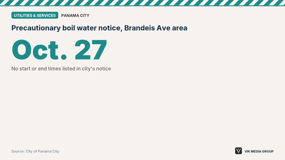 Data card showing the Oct. 27 boil water notice date for parts of Brandeis Ave, Stanford Rd, Huntingdon Rd and Rutgers Dr.