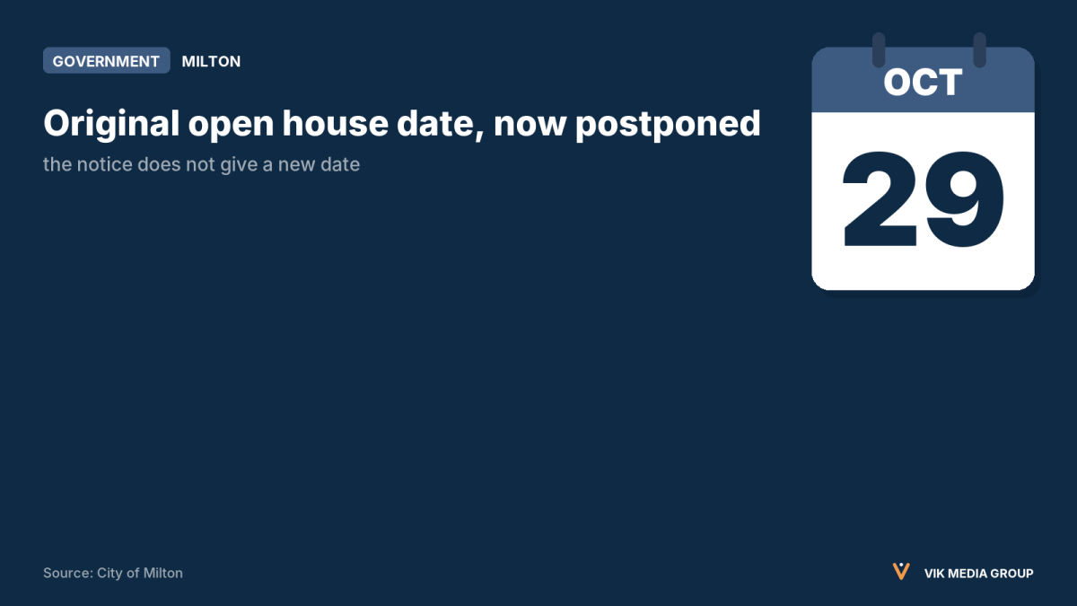 Card showing the postponed Oct. 29, 2026 Milton parking open house, with no new date announced.