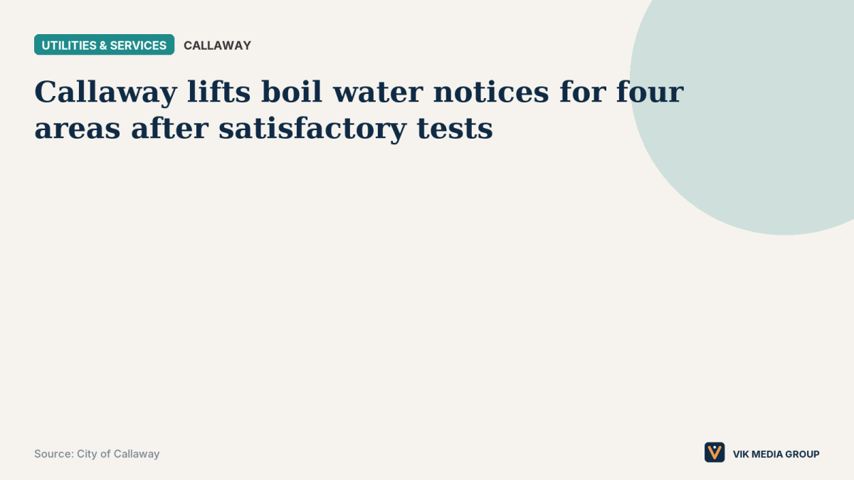 Card showing four Callaway, Florida, areas where boil water notices were lifted after satisfactory water tests.