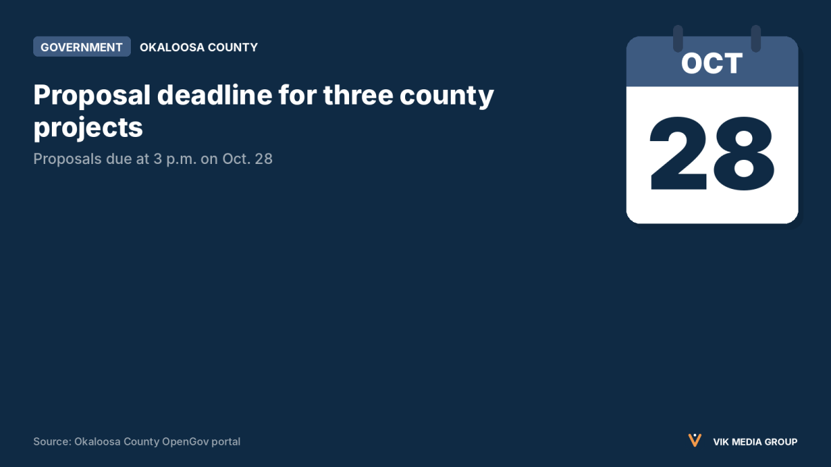 Card showing Okaloosa County bid proposals are due at 3 p.m. on Oct. 28, 2026.
