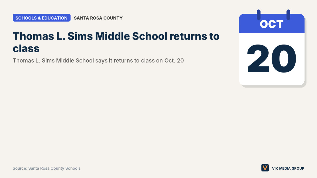 Card showing Thomas L. Sims Middle School returns to class Oct. 20 after Hurricane Isaias, with reopening dates varying by school.
