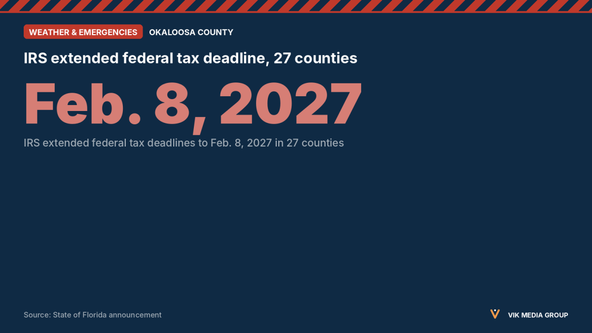Card showing the IRS extended federal tax deadlines to Feb. 8, 2027 for 27 Florida counties after Hurricane Isaias.