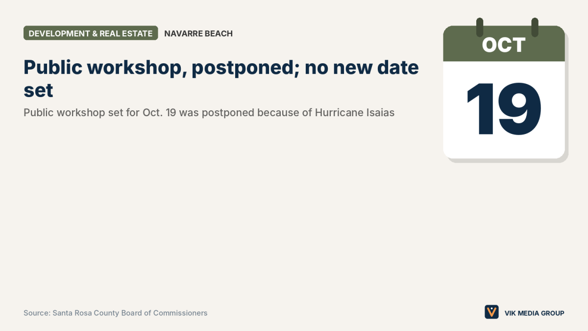 Data card showing the Oct. 19 Navarre Beach Boardwalk workshop, postponed after Hurricane Isaias.