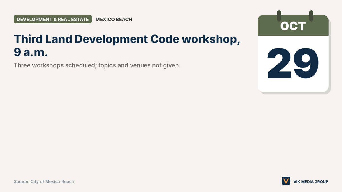 Card showing Oct. 29 start date for Mexico Beach Land Development Code workshops.