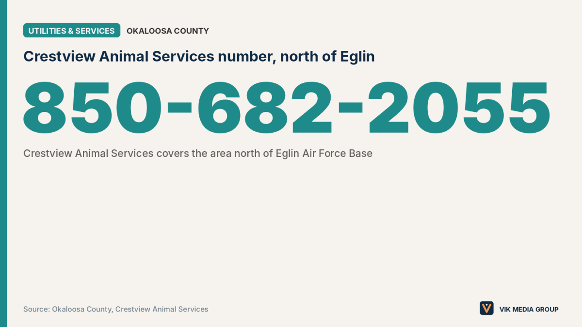 Card listing the Crestview Animal Services phone number for animal control north of Eglin Air Force Base.