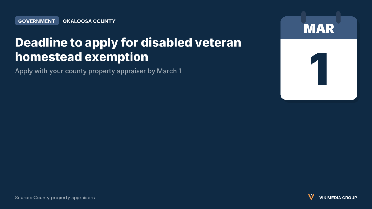 Calendar card showing March 1 deadline to apply for disabled veteran homestead property tax exemption in Florida.