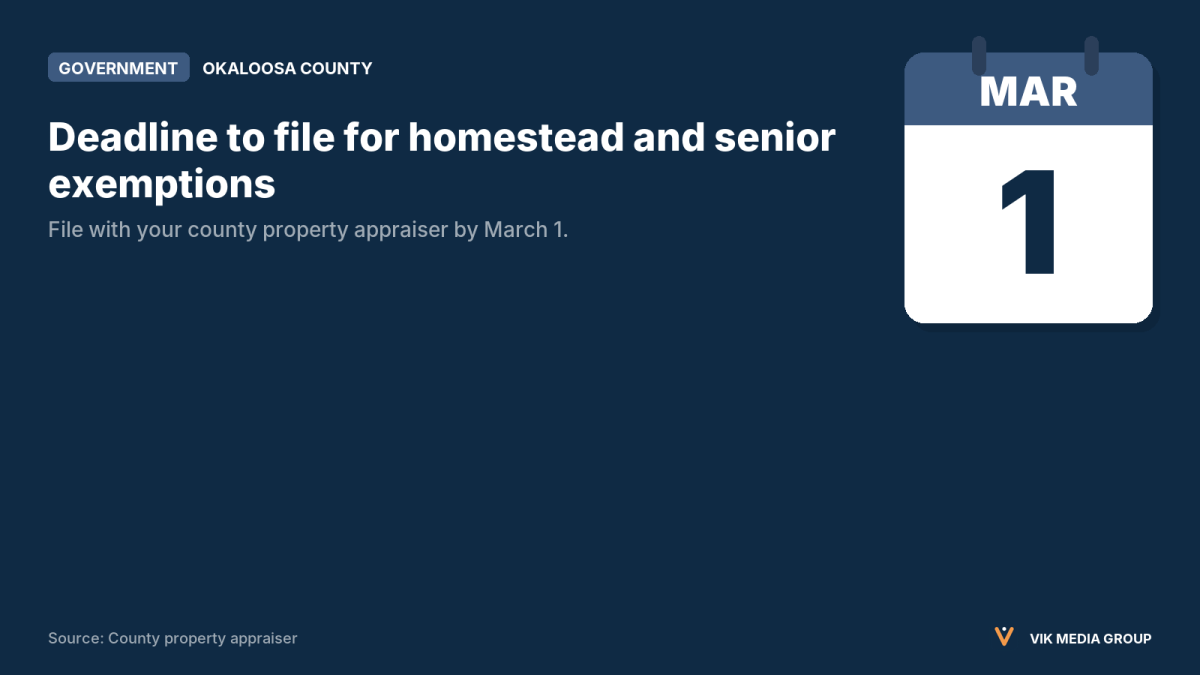 Card showing the March 1 deadline to apply for Florida homestead and senior property tax exemptions.