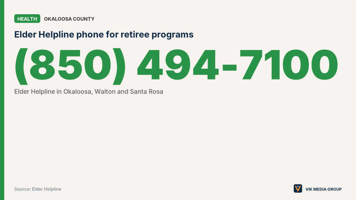 Data card showing the Elder Helpline phone number, (850) 494-7100, for senior programs in Okaloosa, Walton and Santa Rosa.