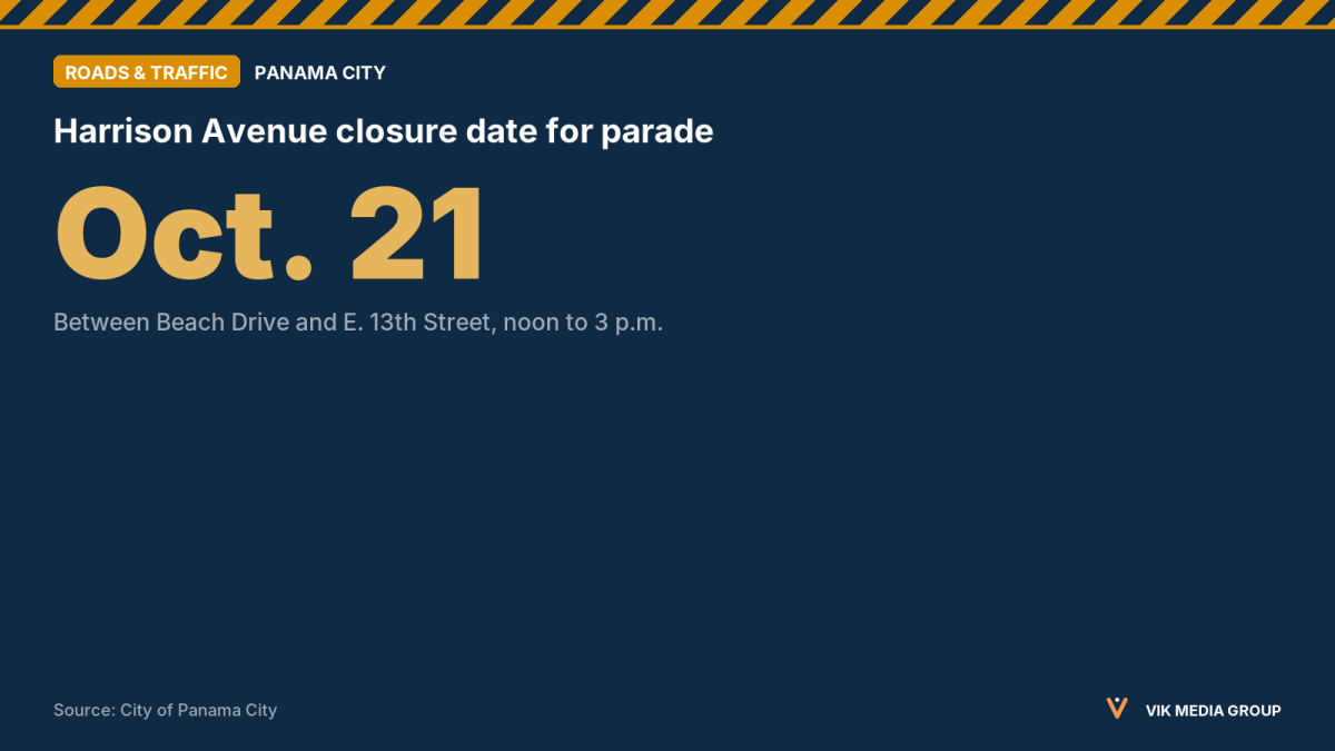 Data card showing the Oct. 21 closure of Harrison Avenue in Panama City, noon to 3 p.m., for a parade.