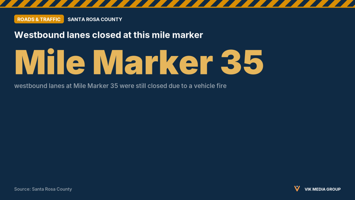 Card showing westbound I-10 at Mile Marker 35 still closed after a vehicle fire, Santa Rosa County, Oct. 21.