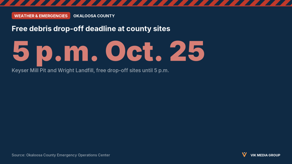Card showing the 5 p.m. Oct. 25 deadline for free hurricane debris drop-off in Okaloosa County.