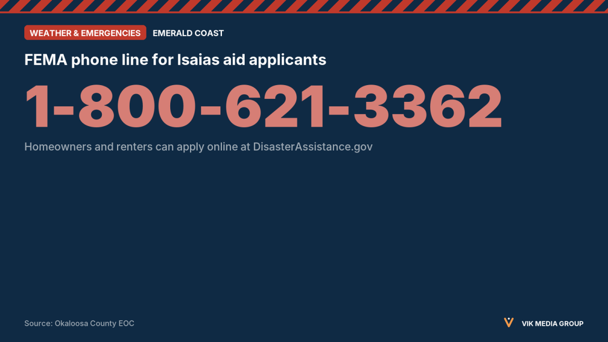 Card showing the FEMA help line 1-800-621-3362 for Hurricane Isaias victims in Okaloosa County seeking housing aid.